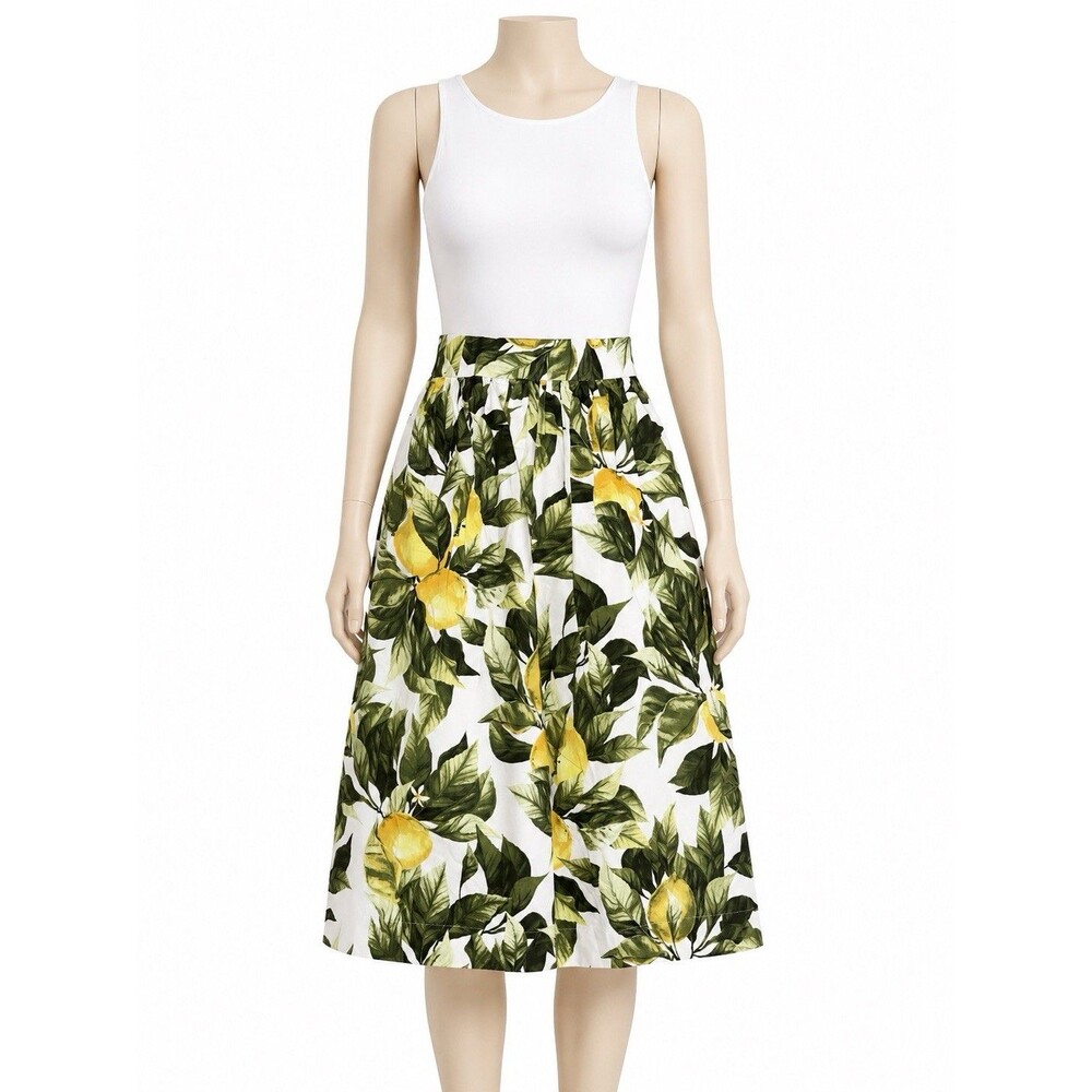 H&M Lemon Print 100% Cotton Midi Skirt Size 2 High Waist Pleated